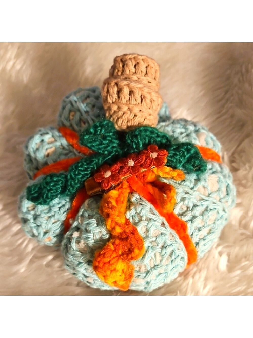 Handmade Blue Brown Cotton Crochet Pumpkin 7 Inch